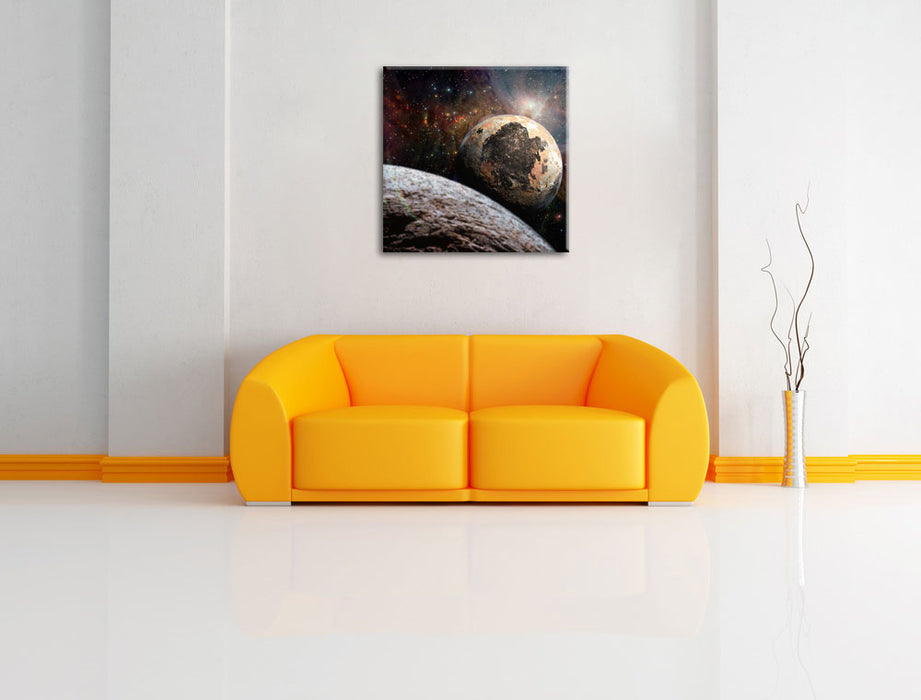 Alien Planeten im Weltall Leinwandbild Quadratisch über Sofa