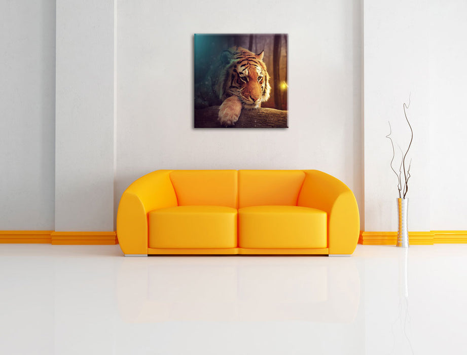 Eine Frau und ein Riesen-Tiger Leinwandbild Quadratisch über Sofa