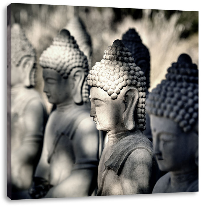 Buddha-Statuen in einer Reihe Leinwandbild Quadratisch