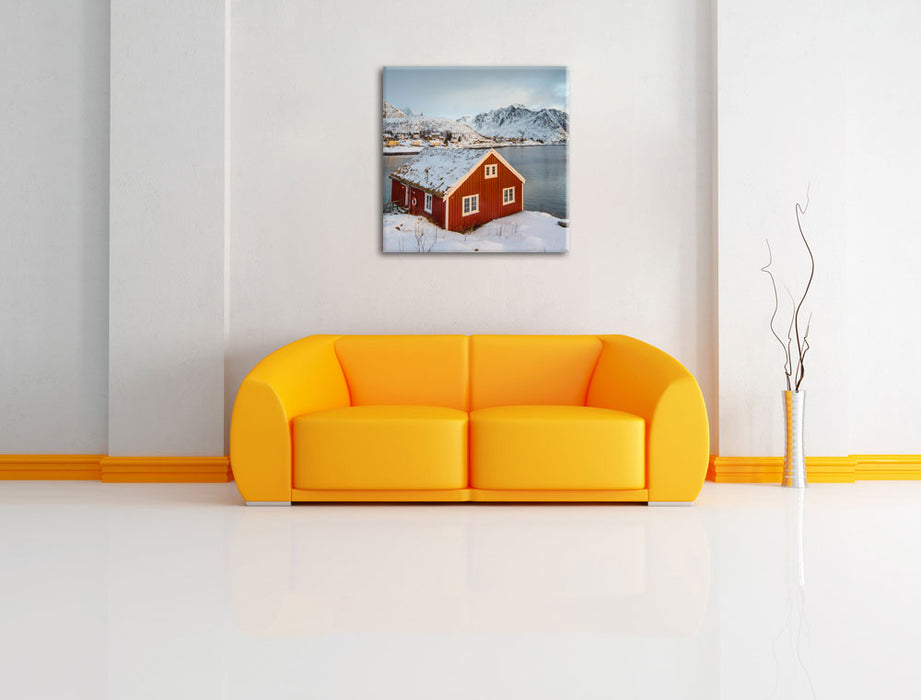 Fischerhaus Lofoten Leinwandbild Quadratisch über Sofa
