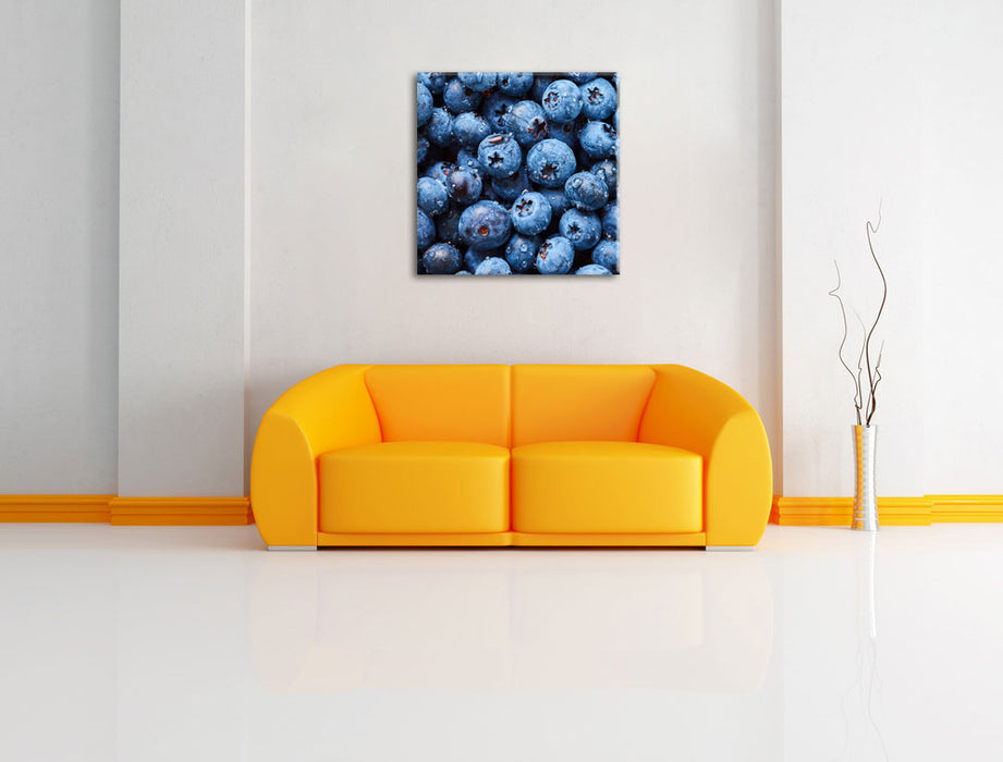 Blaubeeren mit Wassertropfen Leinwandbild Quadratisch über Sofa