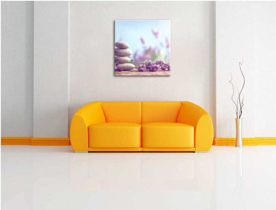 Lavendel Spa-Stillleben Leinwandbild Quadratisch über Sofa