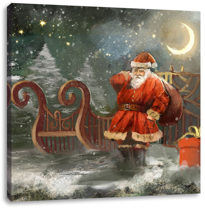 Weihnachtsmann mit Geschenken Leinwandbild Quadratisch