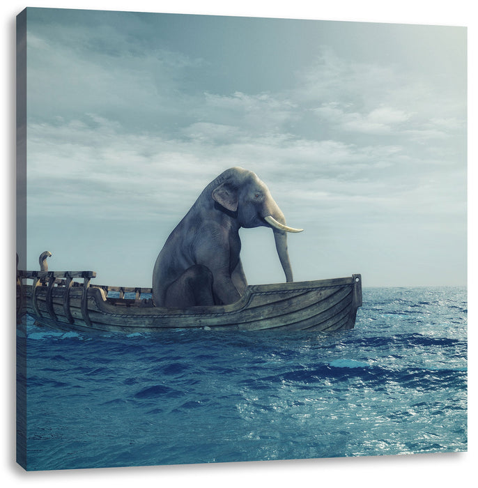 lustig sitzender Elefant im Boot Leinwandbild Quadratisch