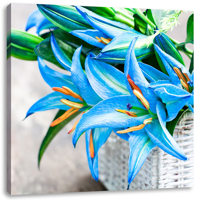 schöne blaue Blumen im Körbchen Leinwandbild Quadratisch
