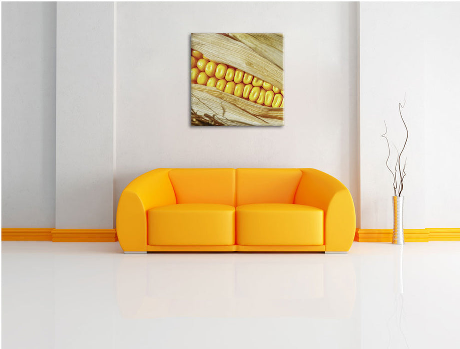 Maiskolben in der Nahaufnahme Leinwandbild Quadratisch über Sofa