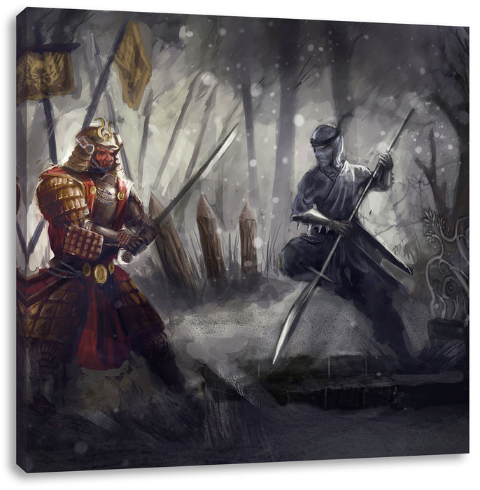 Kampf zwischen Samurai und Ninja Leinwandbild Quadratisch