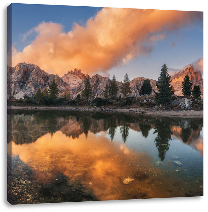 bunte Dolomiten am See Limides Leinwandbild Quadratisch