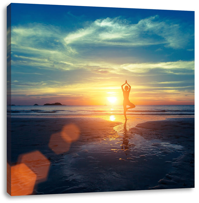 Yoga Silhouette am Strand Leinwandbild Quadratisch