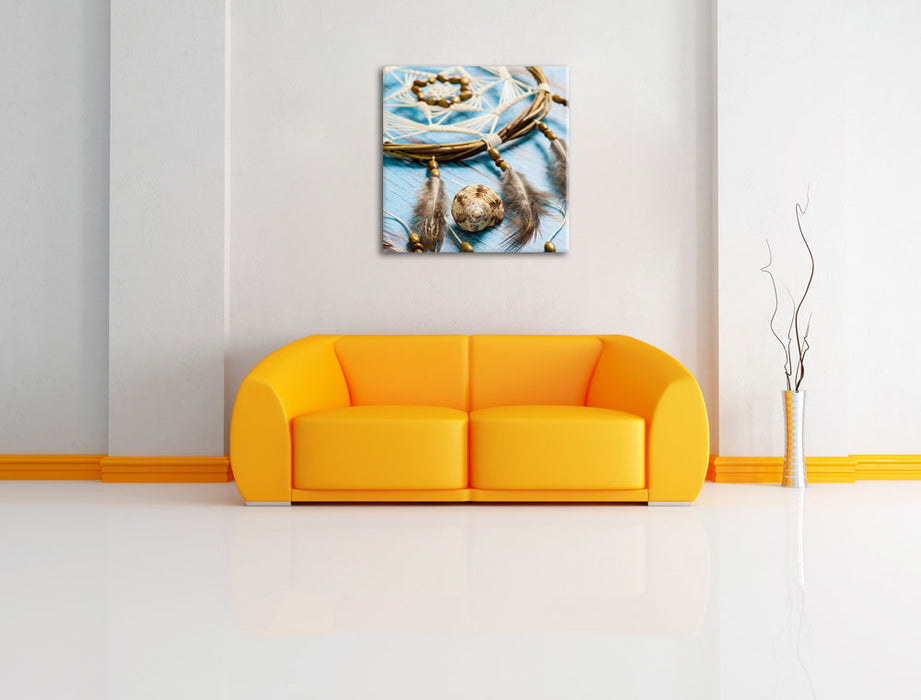 Traumfänger mit Federn Leinwandbild Quadratisch über Sofa