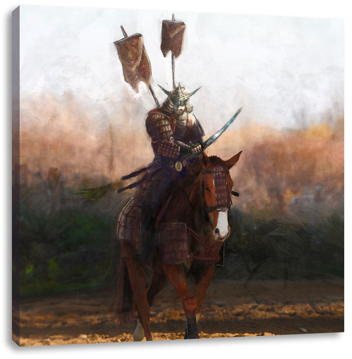 Samurai Krieger auf einem Pferd Leinwandbild Quadratisch