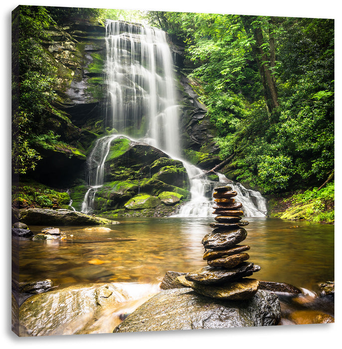 Zen Steine vor Wasserfall Leinwandbild Quadratisch