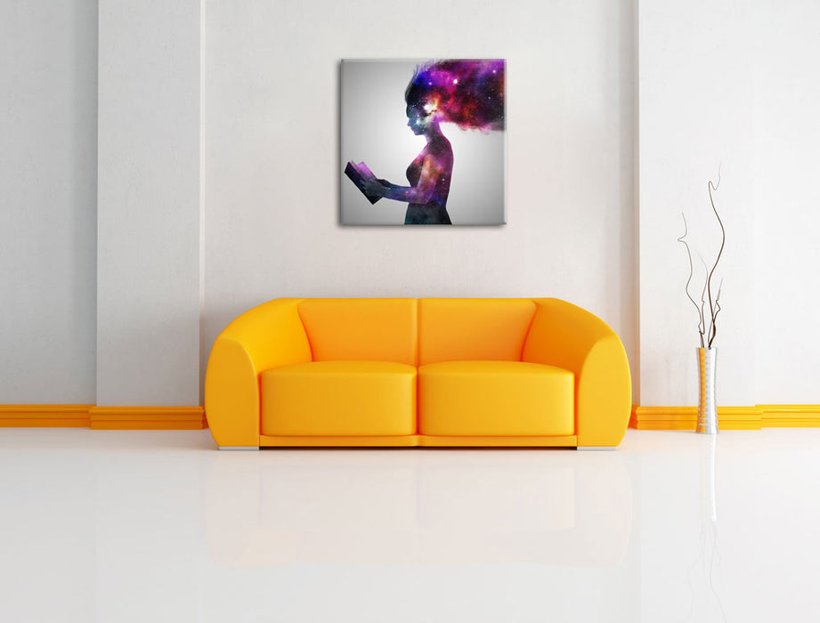 abstrakte Frau mit Buch Leinwandbild Quadratisch über Sofa
