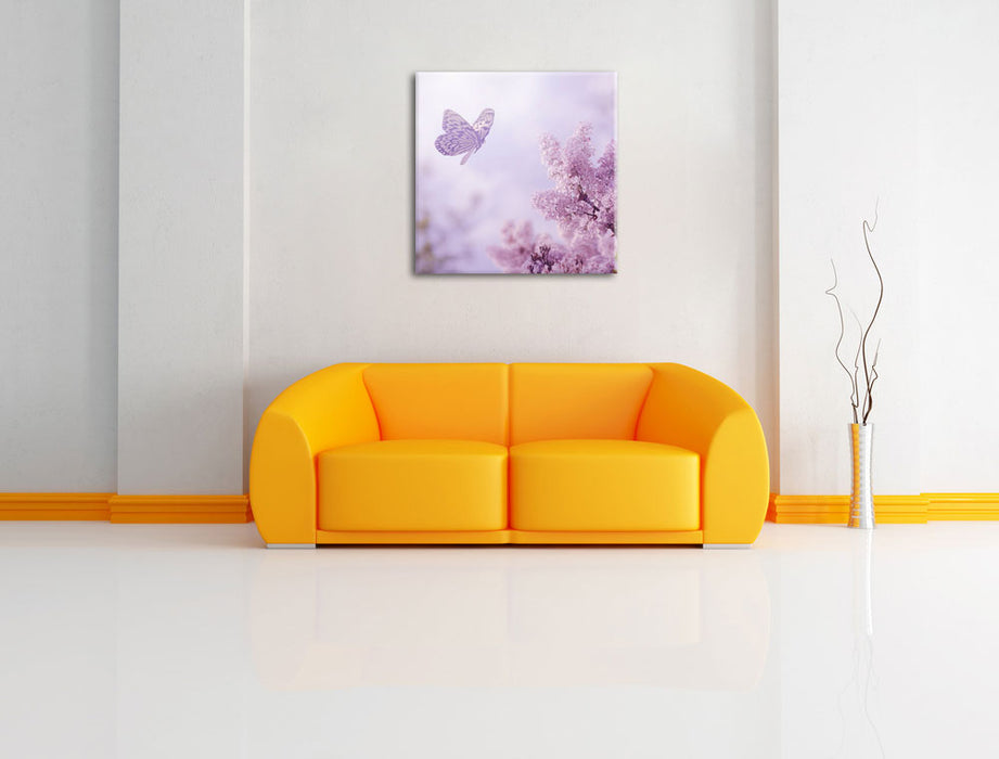 Schmetterling Kirschblüten Leinwandbild Quadratisch über Sofa