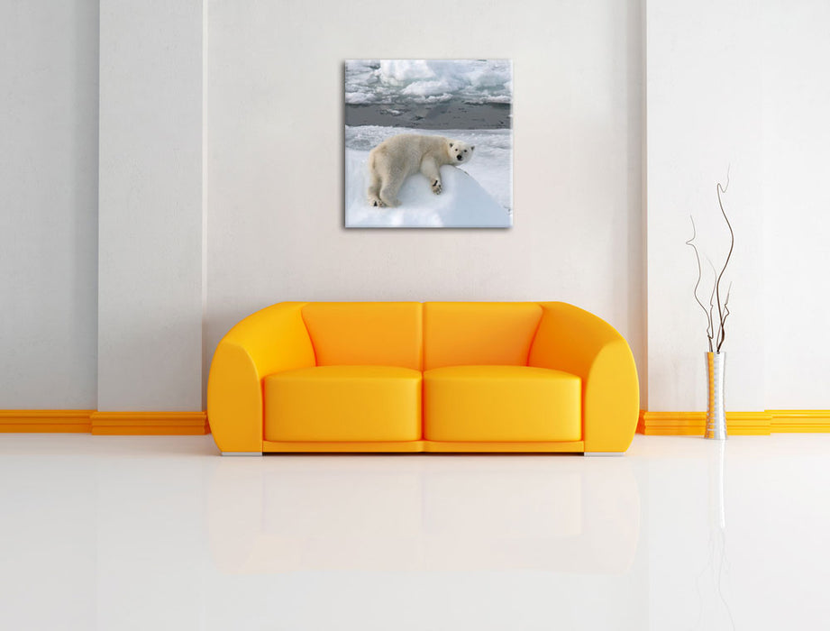Eisbär auf Eisberg Leinwandbild Quadratisch über Sofa