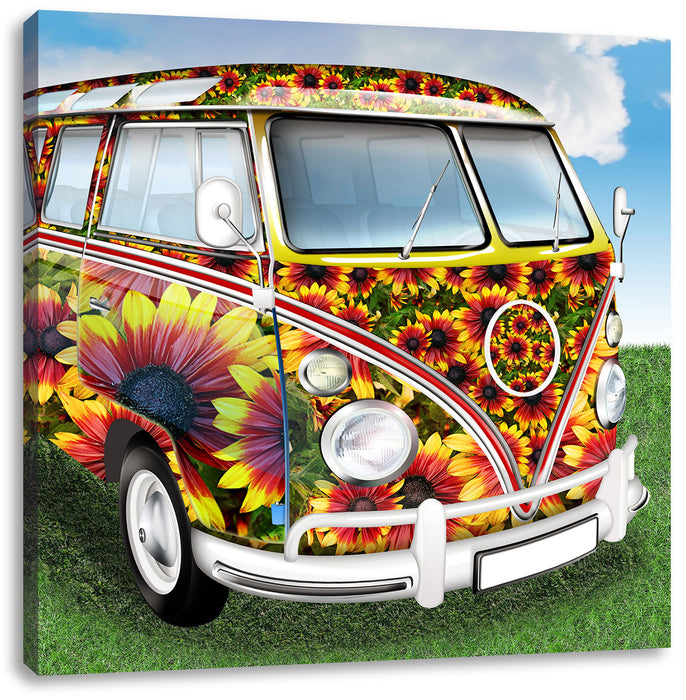 Kult 60Â´s Flower Power Hippie Bus Leinwandbild Quadratisch