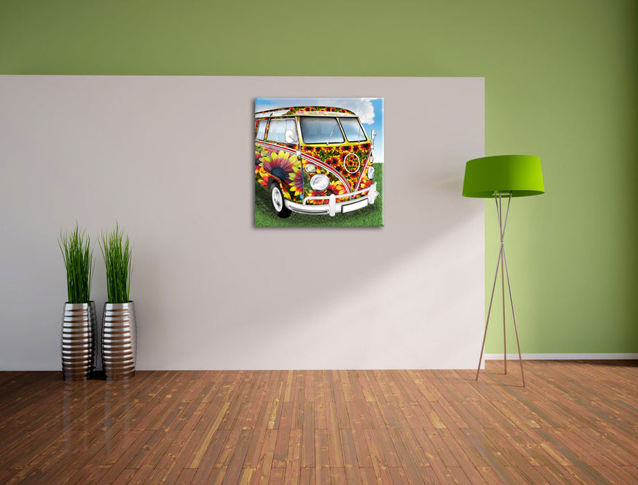 Kult 60Â´s Flower Power Hippie Bus Leinwand Quadratisch im Flur