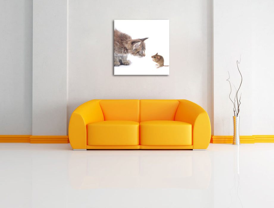 Katze und Maus Freunde Leinwandbild Quadratisch über Sofa
