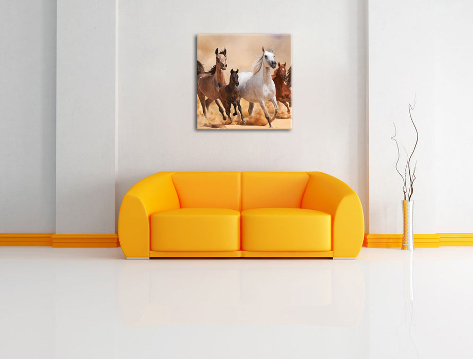 Western Pferde mit Fohlen Leinwandbild Quadratisch über Sofa
