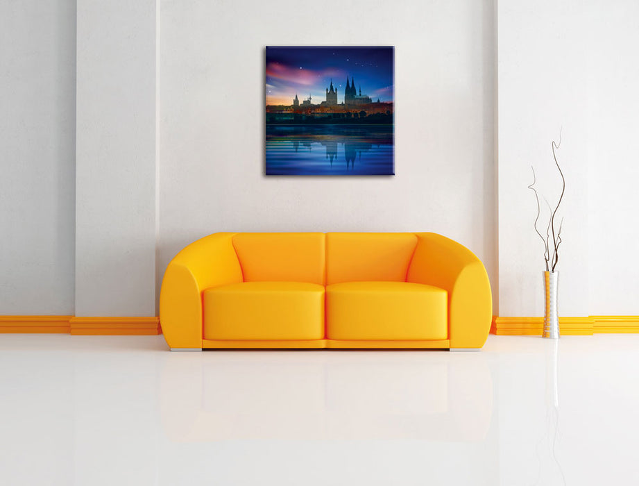 Polarlichter Skyline Köln Leinwandbild Quadratisch über Sofa