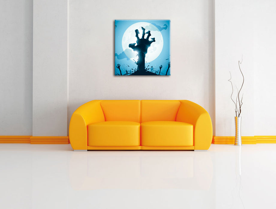 Gruselige Zombie Hand Leinwandbild Quadratisch über Sofa