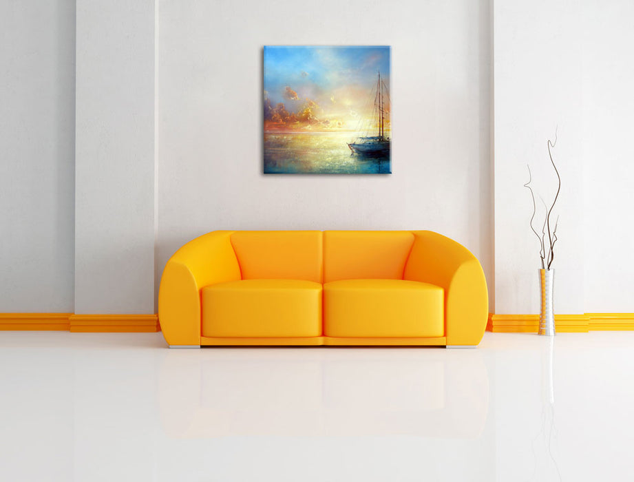 Schönes Gemälde eines Bootes Leinwandbild Quadratisch über Sofa