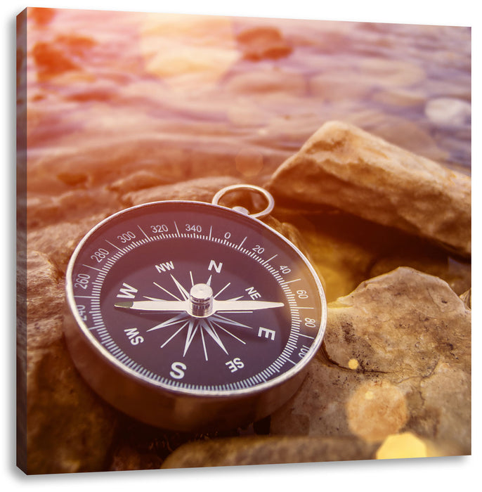 Kompass auf Steinen Heimat Leinwandbild Quadratisch