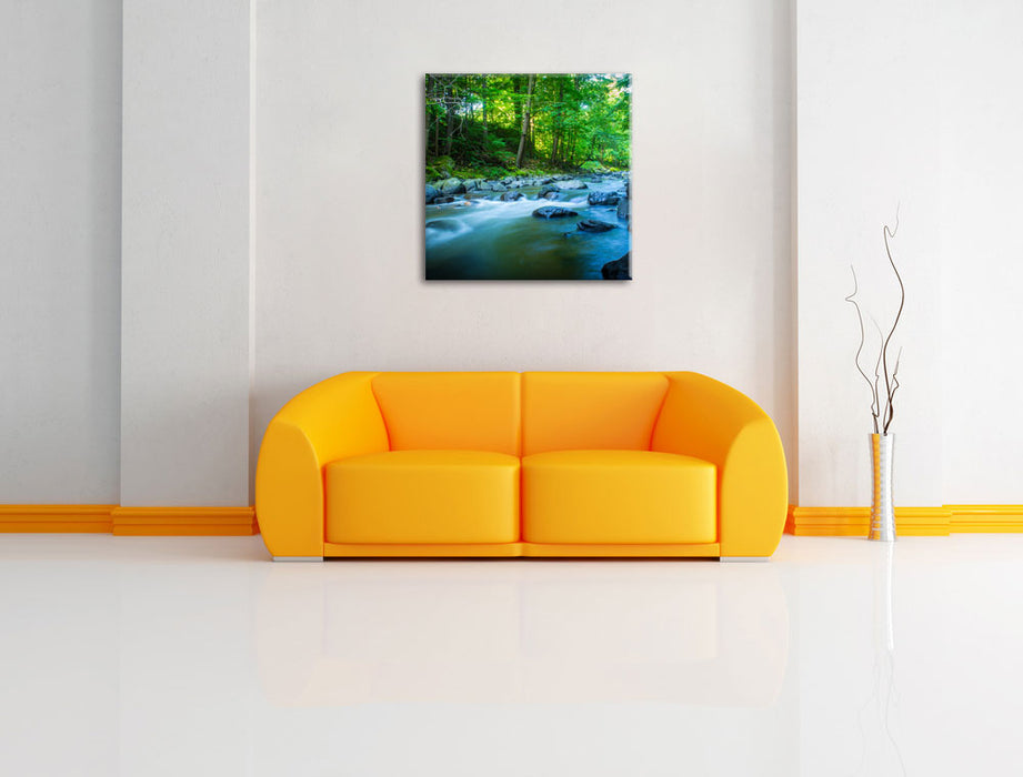Fluss mit Steinen Leinwandbild Quadratisch über Sofa