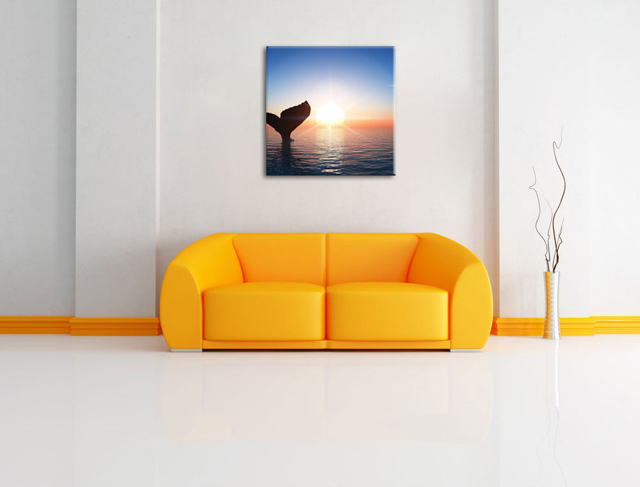 Walflosse im Sonnenuntergang Leinwandbild Quadratisch über Sofa