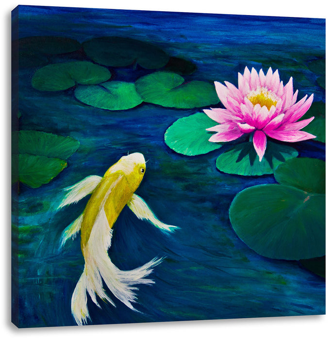 Koi mit Seerose Kunst Leinwandbild Quadratisch