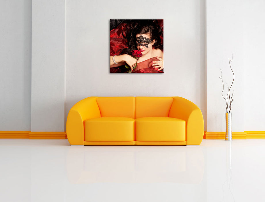 Sexy Frau mit Rose Leinwandbild Quadratisch über Sofa