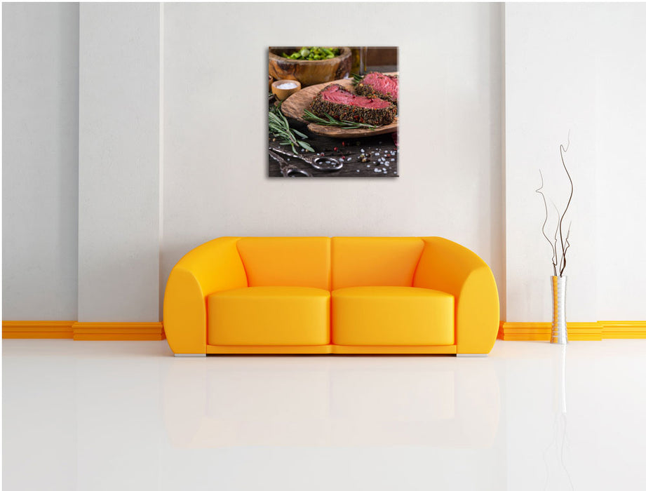 Leckeres Steak Leinwandbild Quadratisch über Sofa