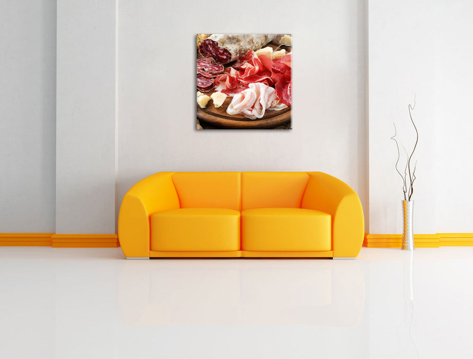 Brotzeit mit Wurst Leinwandbild Quadratisch über Sofa
