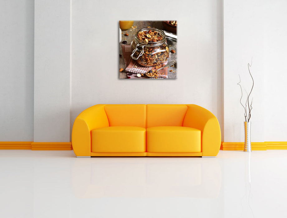 Honig Müsli im Glas Leinwandbild Quadratisch über Sofa