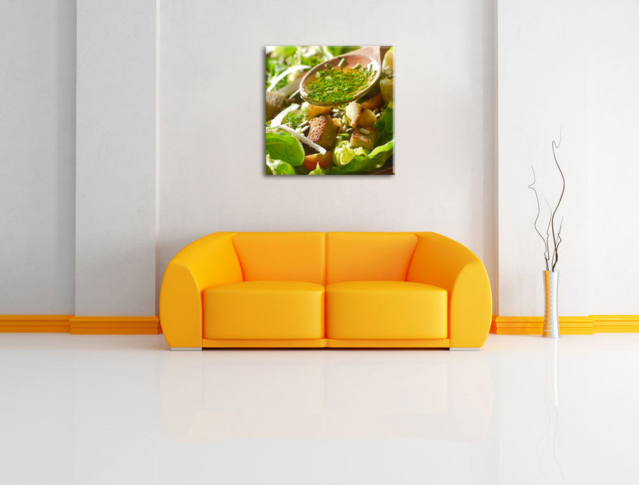 Kräuter Vinaigrette Leinwandbild Quadratisch über Sofa