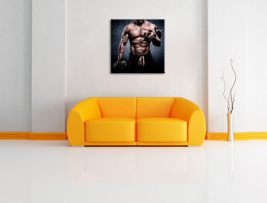 Starker Bodybuilder mit Hantel Leinwandbild Quadratisch über Sofa