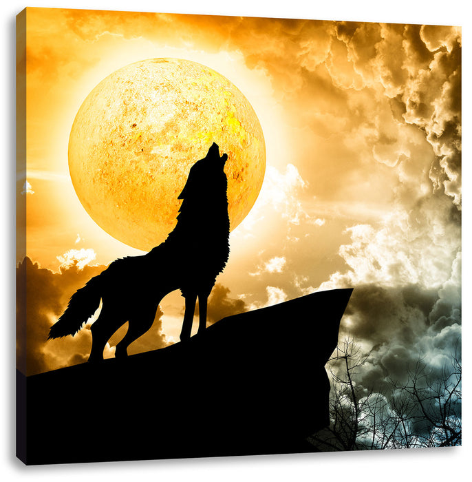 Wolf heult den Mond an Leinwandbild Quadratisch