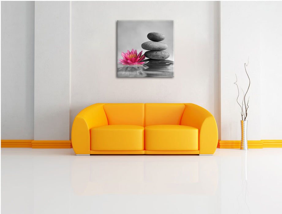 Seerosenblüte vor Zen Steinen Leinwandbild Quadratisch über Sofa