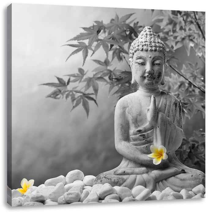 Buddha mit Monoi Blüte in der Hand Leinwandbild Quadratisch