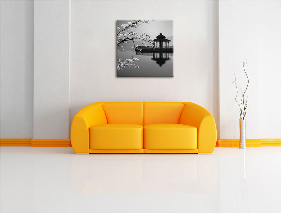 Kirschbaum an See B&W Leinwandbild Quadratisch über Sofa