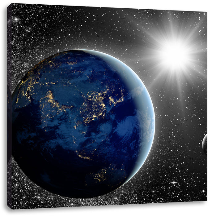 Erde mit Sonne im Weltall Leinwandbild Quadratisch