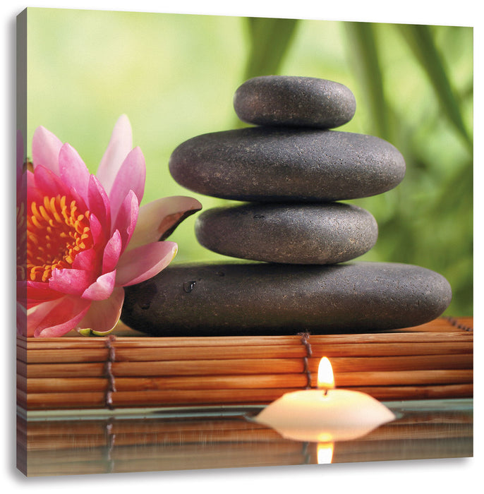 Seerose mit Zen Steinen und Kerzen Leinwandbild Quadratisch