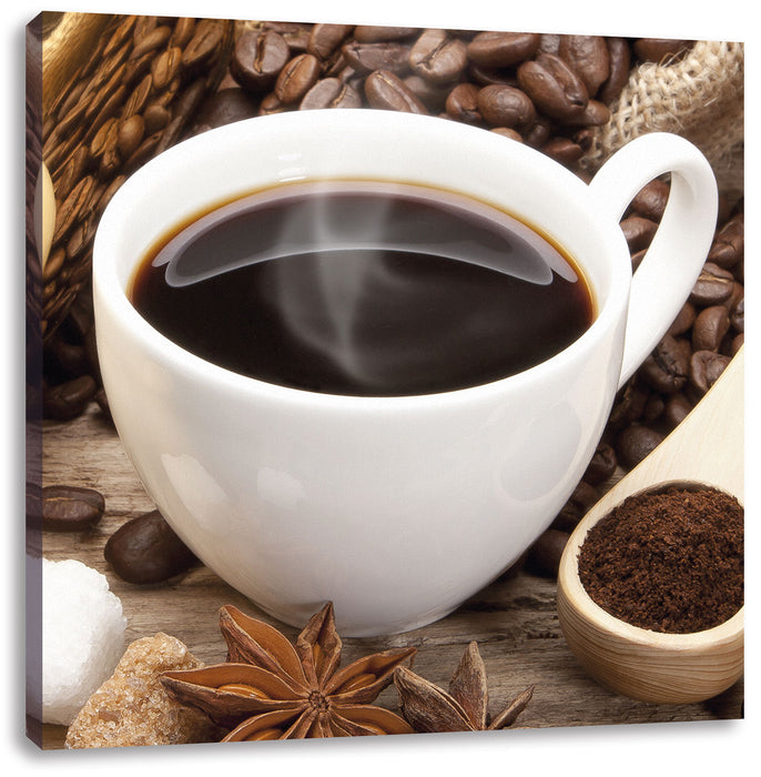 Edler Kaffee und Kaffeebohnen Leinwandbild Quadratisch