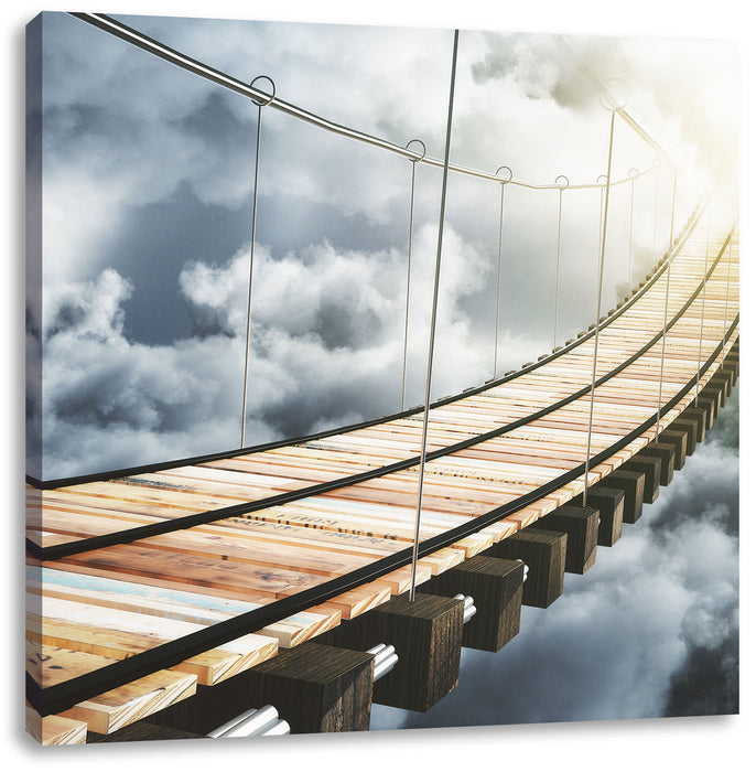 Hölzerne Brücke in den Wolken Leinwandbild Quadratisch