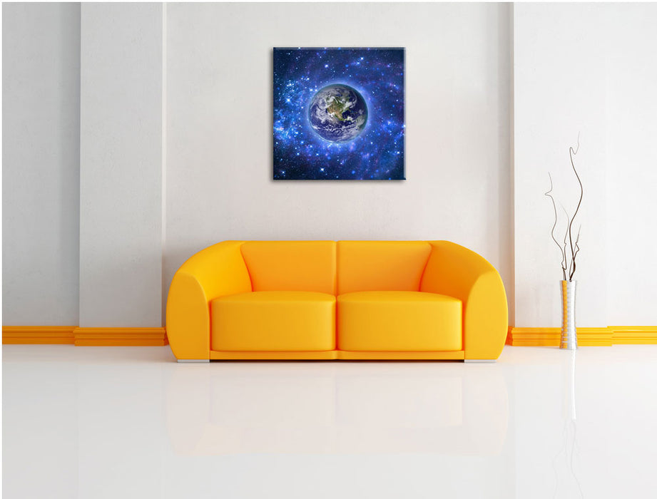 Planet Erde im Weltraum Leinwandbild Quadratisch über Sofa