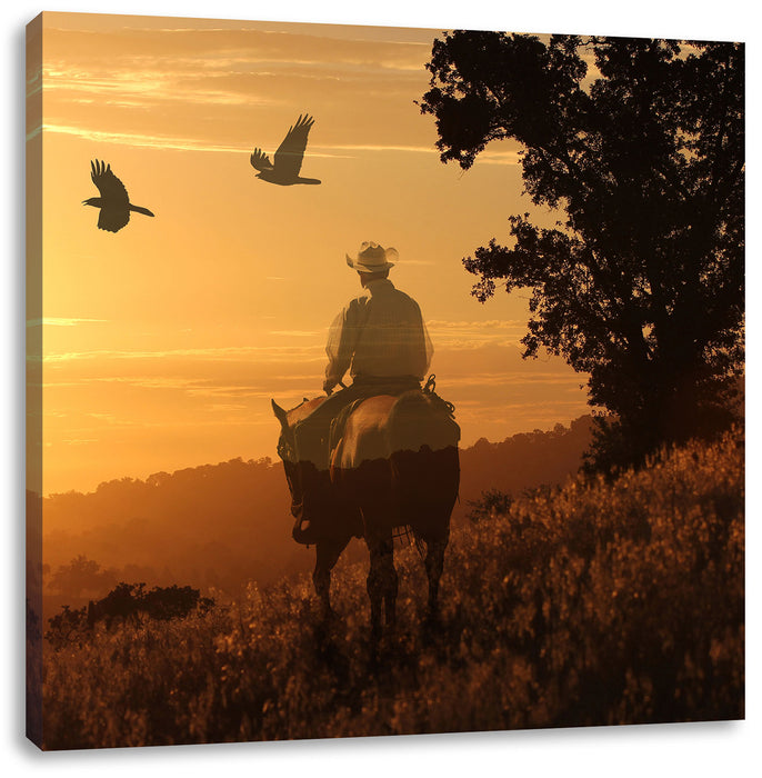 Ein Cowboy im Sonnenuntergang Leinwandbild Quadratisch