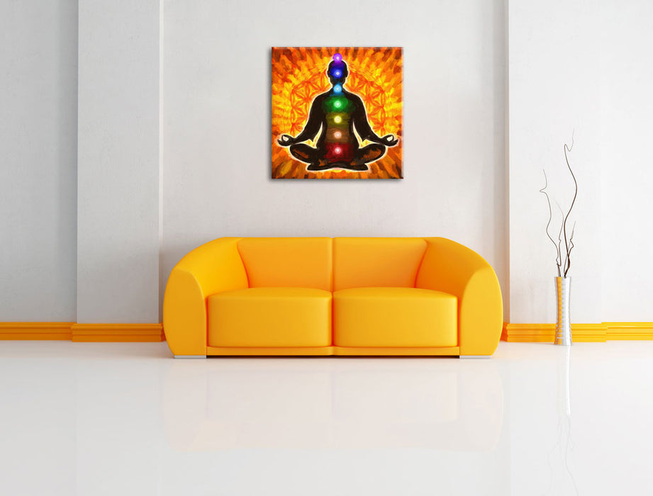 Meditation mit den 7 Chakren Kunst Leinwandbild Quadratisch über Sofa