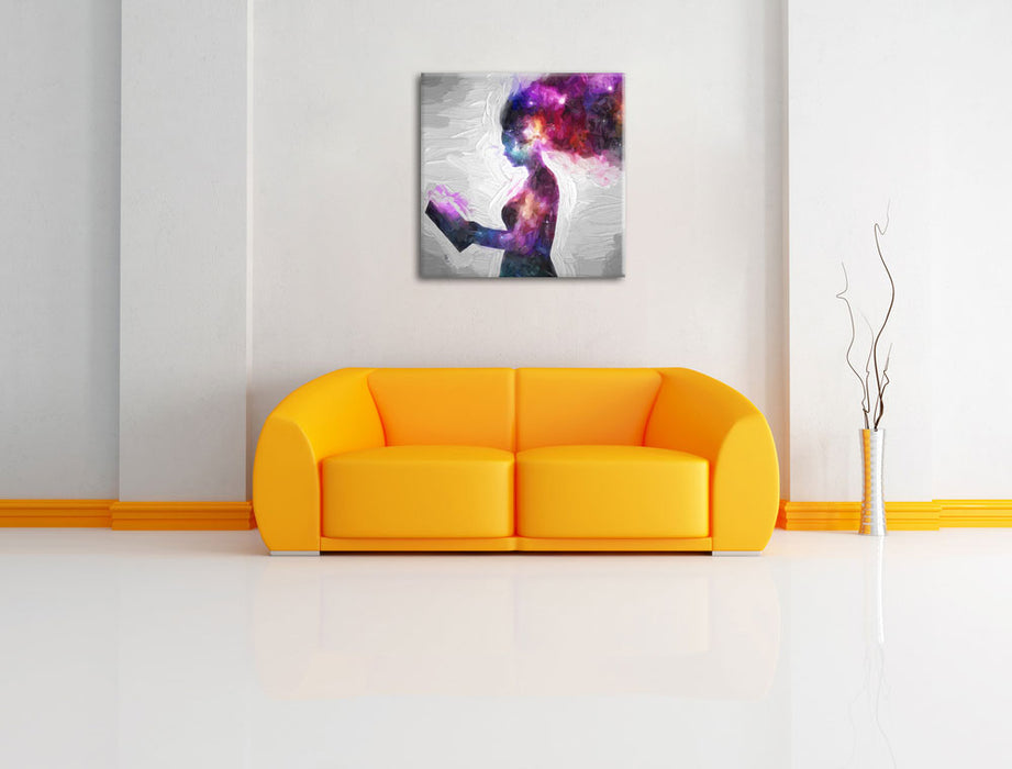abstrakte Frau mit Buch Kunst Leinwandbild Quadratisch über Sofa