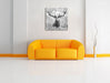 Großer Hirsch im Feld Kunst B&W Leinwandbild Quadratisch über Sofa