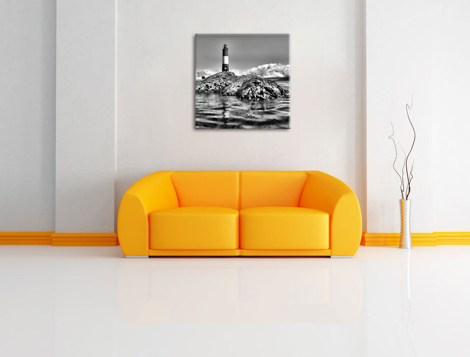 Leuchtturm Robben Leinwandbild Quadratisch über Sofa